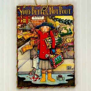 Vtg Wood MARY ENGELBREIT XMAS ORNAMENT BETTER NOT POUT  Gift Tag 3D Laser Cut